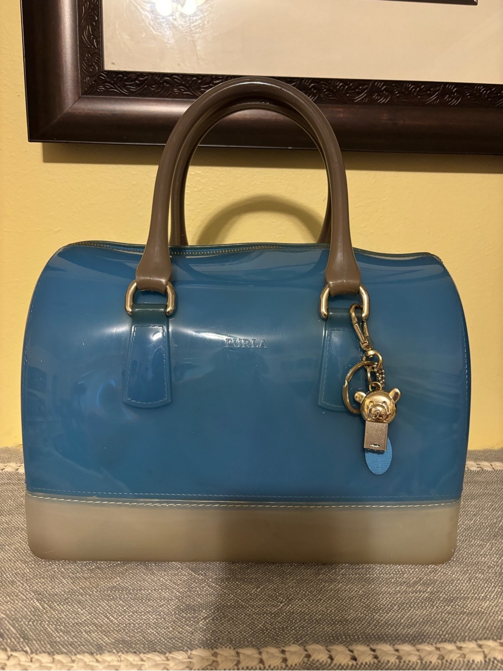 Furla Blue Jelly Satchel with Taupe Handles